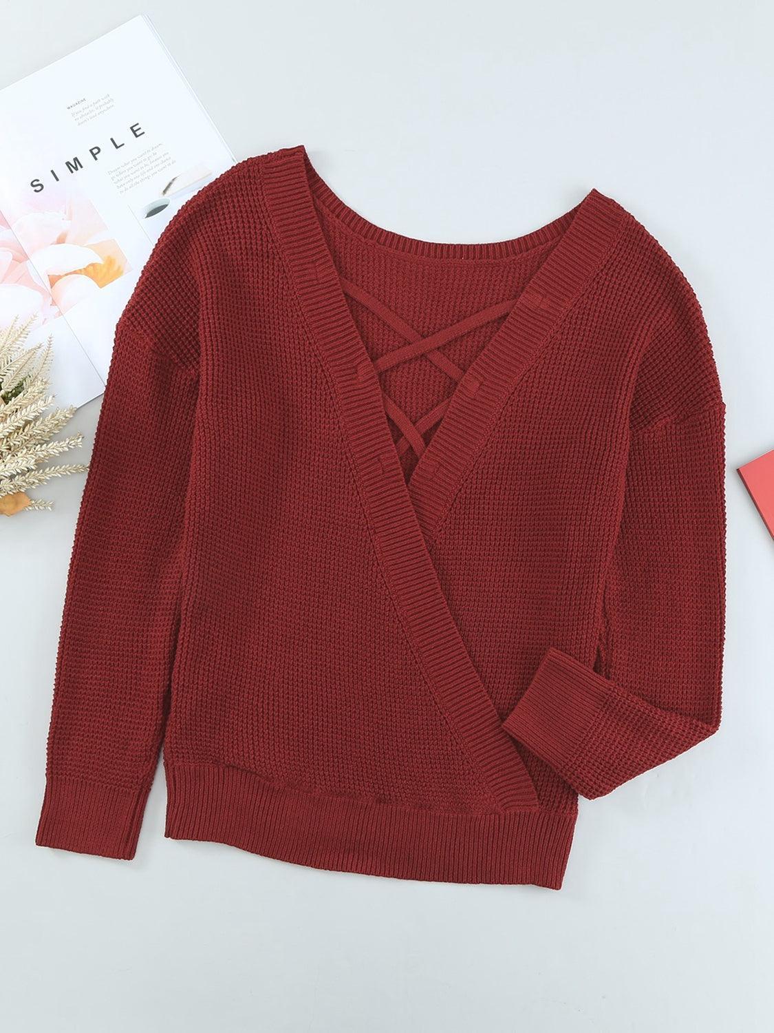 Chic Comfort Crisscross Back Waffle-Knit Sweater - MXSTUDIO.COM