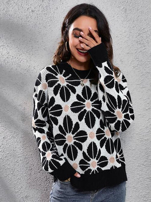 Chic Comfort Knit Crew Neck Floral Sweater-MXSTUDIO.COM