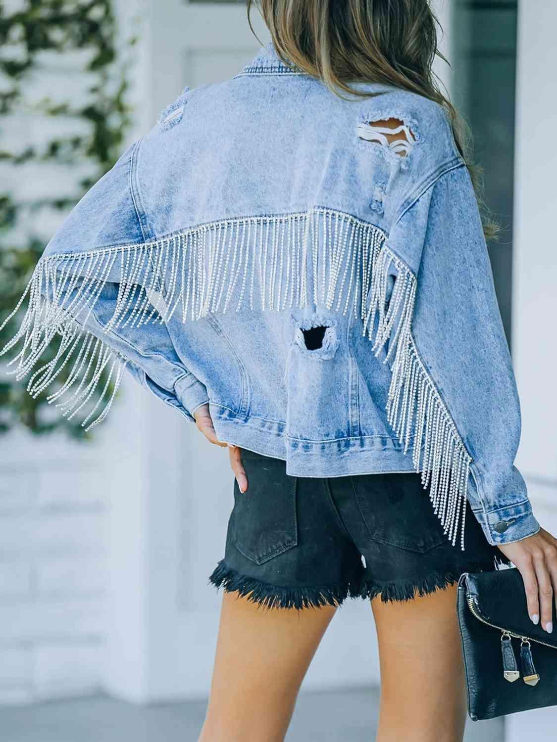 Chic Cowgirl Distressed Denim Jacket With Fringe - MXSTUDIO.COM