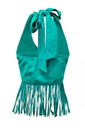 a green scarf with fringes on it