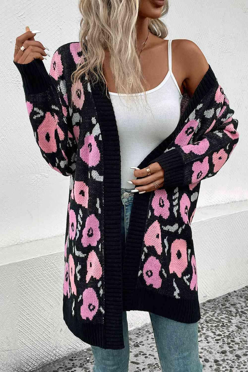 Chic Embrace Black Pink Long Floral Cardigan-MXSTUDIO.COM