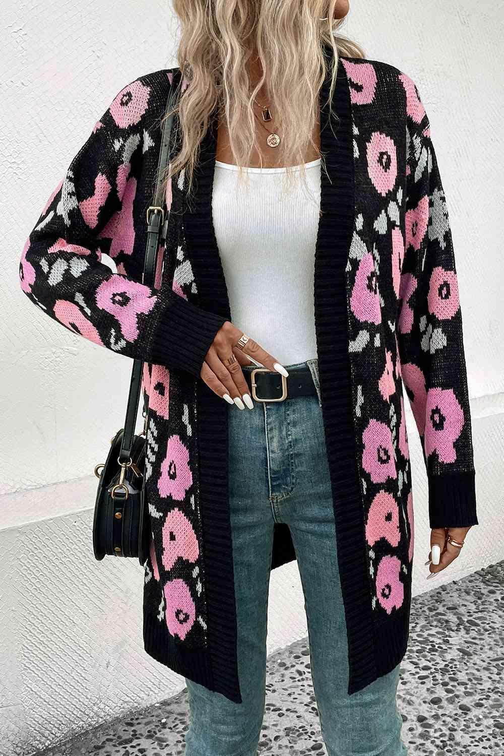 Chic Embrace Black Pink Long Floral Cardigan-MXSTUDIO.COM