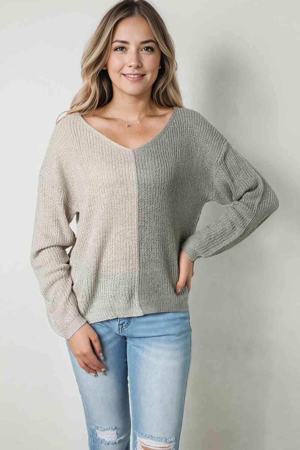 Chic Embrace V Neck Color Block Pullover Sweater - MXSTUDIO.COM