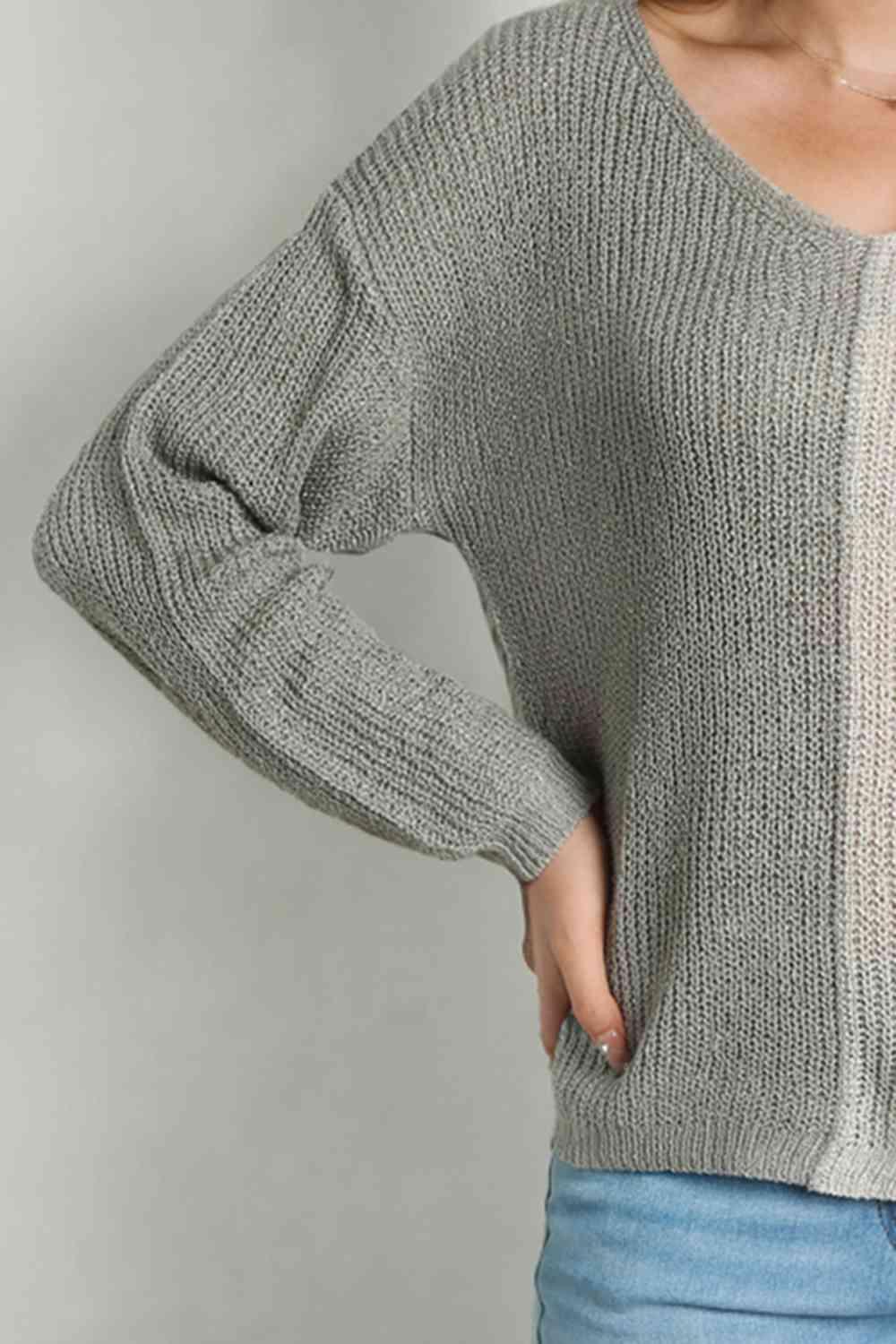 Chic Embrace V Neck Color Block Pullover Sweater - MXSTUDIO.COM