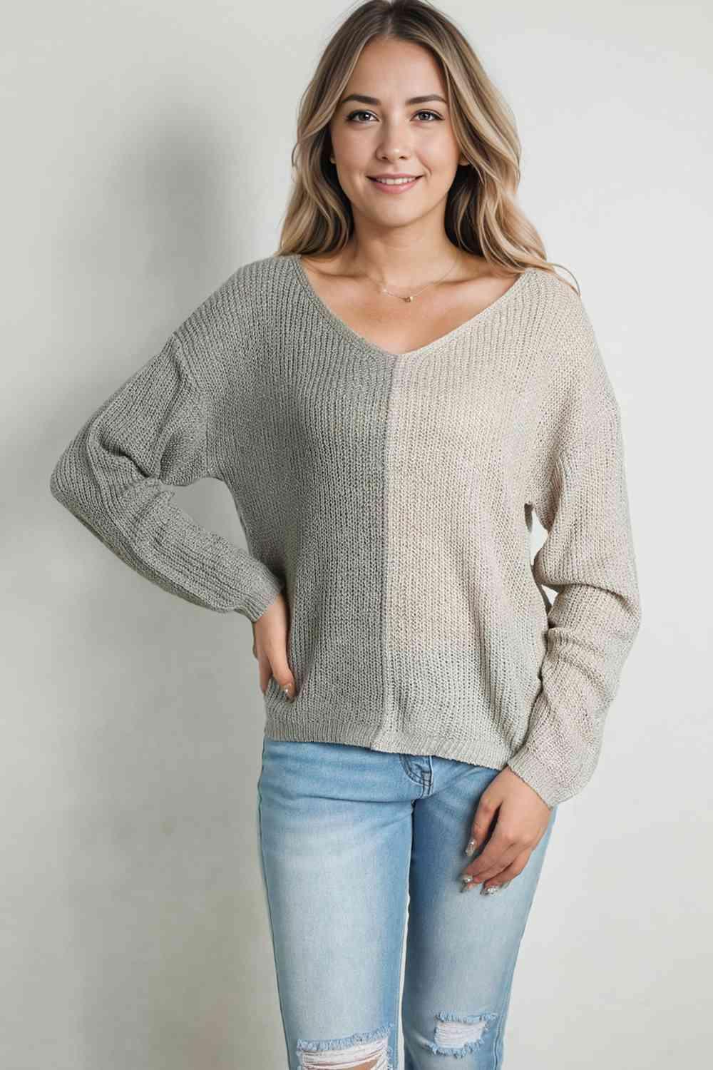 Chic Embrace V Neck Color Block Pullover Sweater - MXSTUDIO.COM