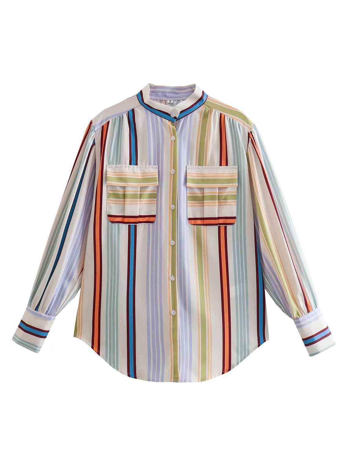 a striped shirt with a pocket on the chest