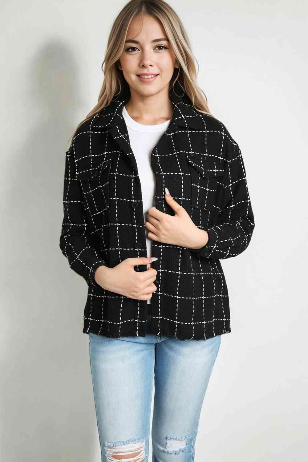 Chic Layer Raw Hem Black White Grid Jacket - MXSTUDIO.COM