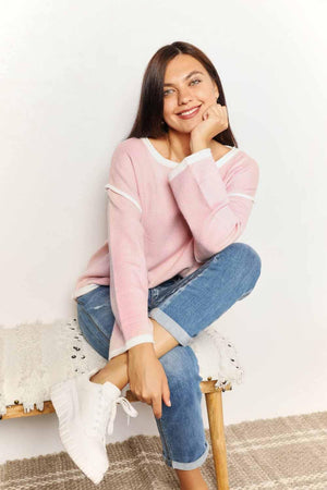 Chic Minimalist Blush Pink Long Sleeve Knit Top - MXSTUDIO.COM