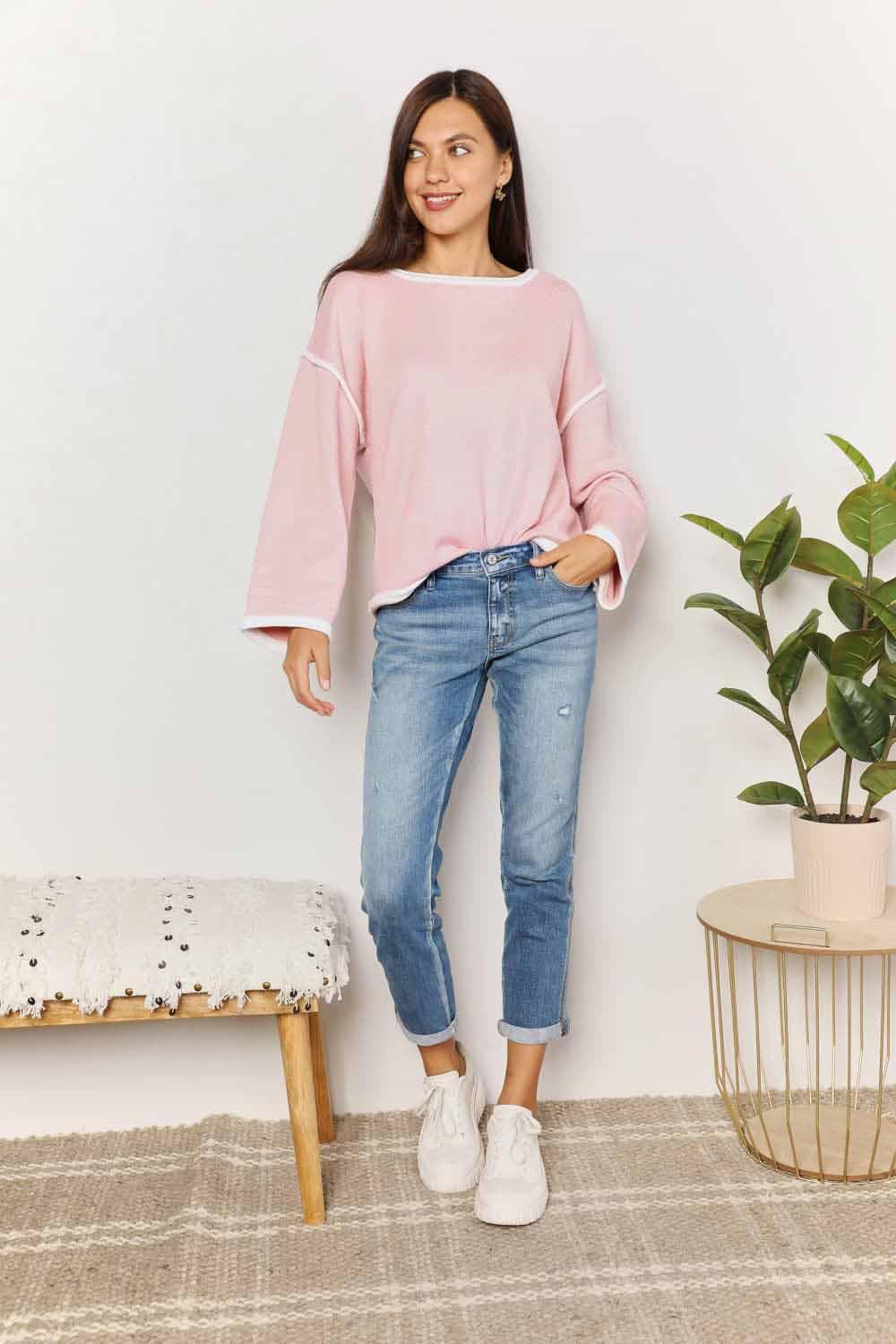 Chic Minimalist Blush Pink Long Sleeve Knit Top - MXSTUDIO.COM