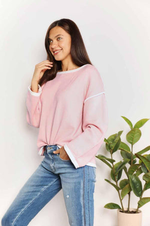 Chic Minimalist Blush Pink Long Sleeve Knit Top - MXSTUDIO.COM