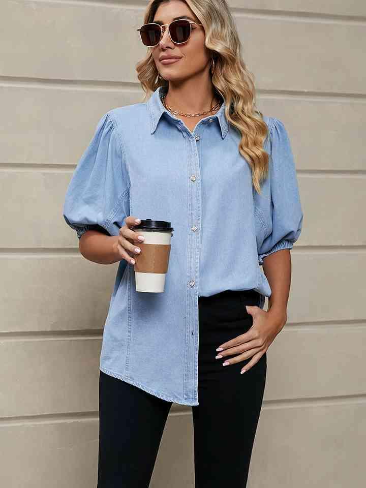 Chill In Style Buttoned Puff Sleeve Denim Shirt - MXSTUDIO.COM