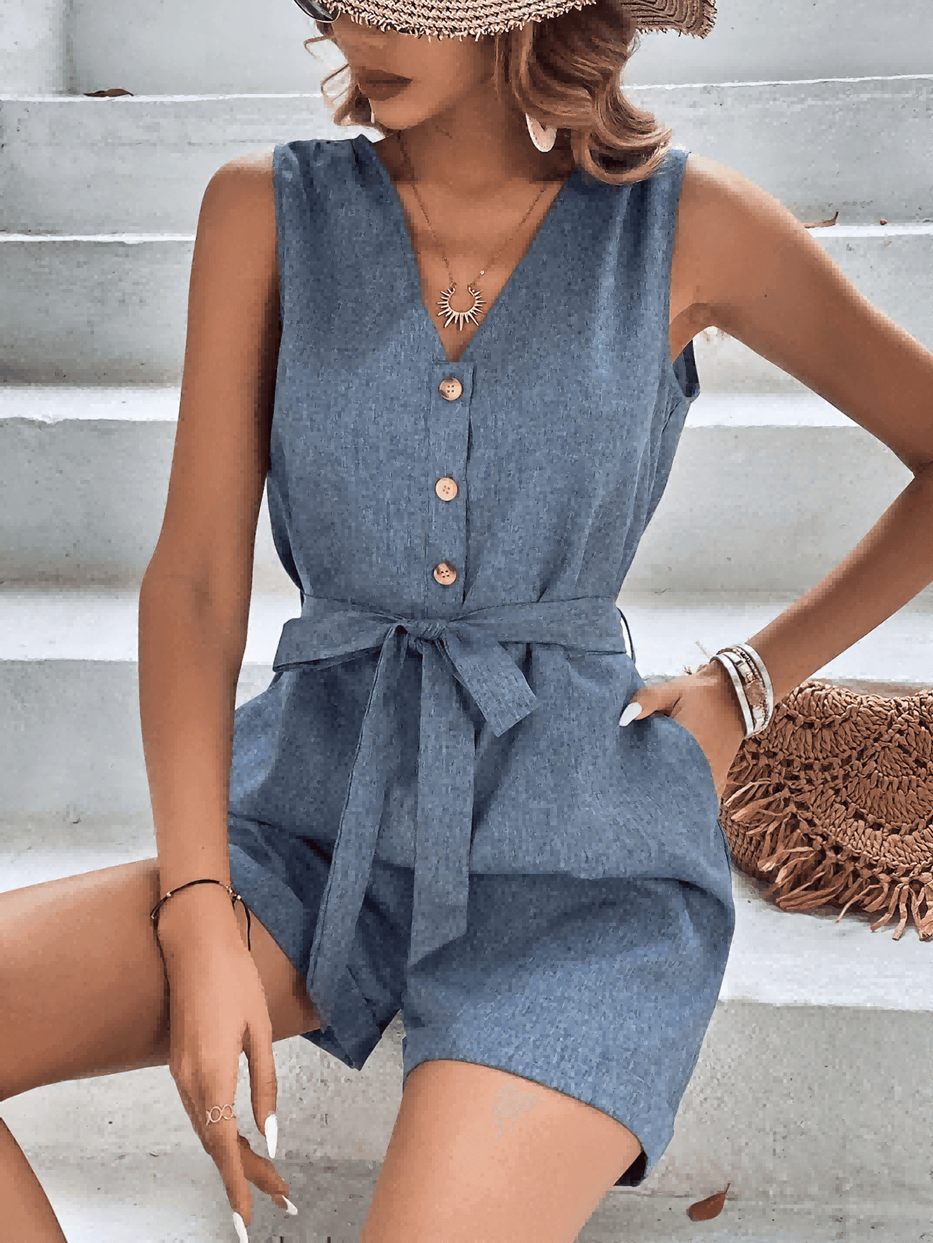 Chill In Style V Neck Sleeveless Romper - MXSTUDIO.COM