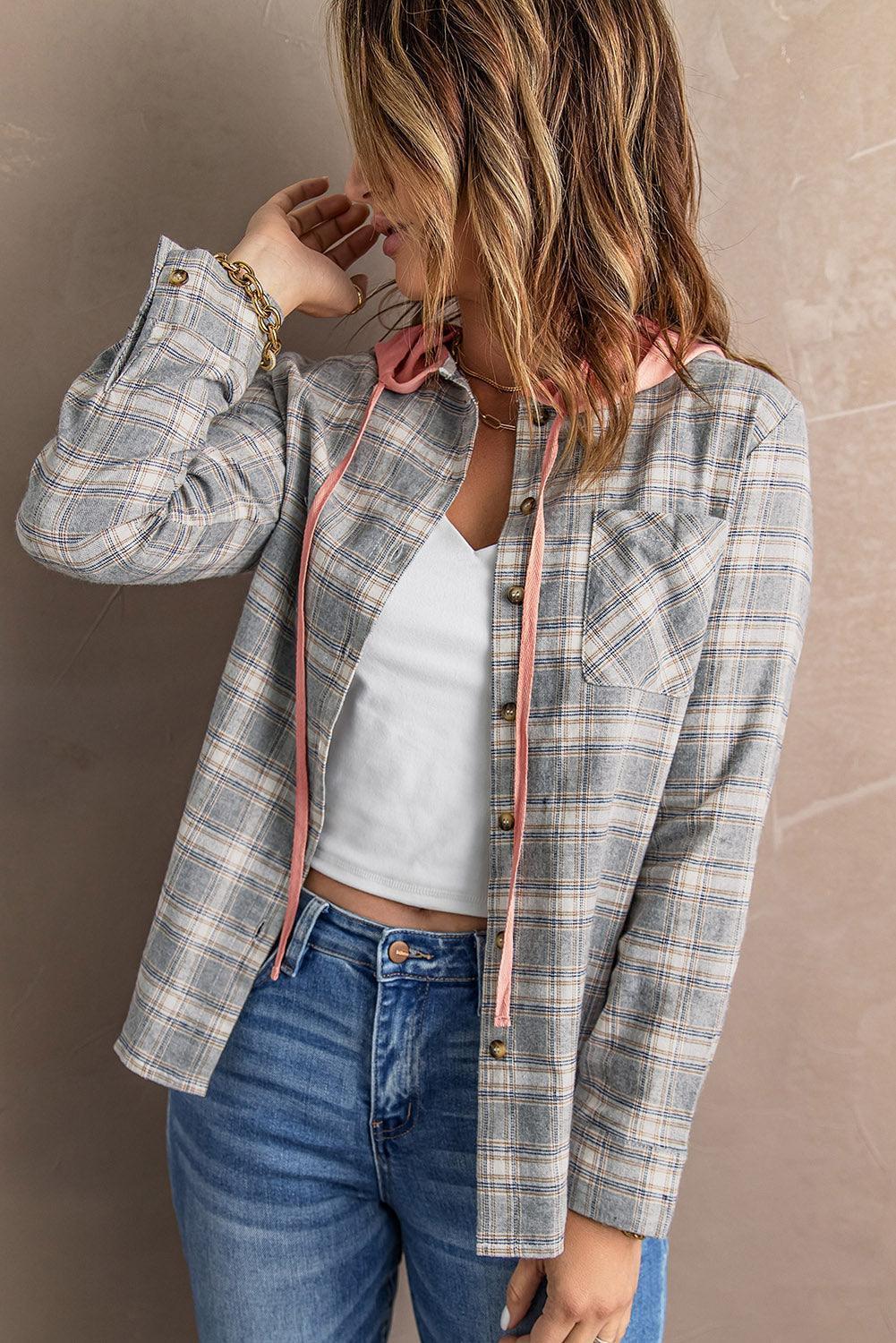 Chill Plaid Drawstring Hooded Shacket - MXSTUDIO.COM