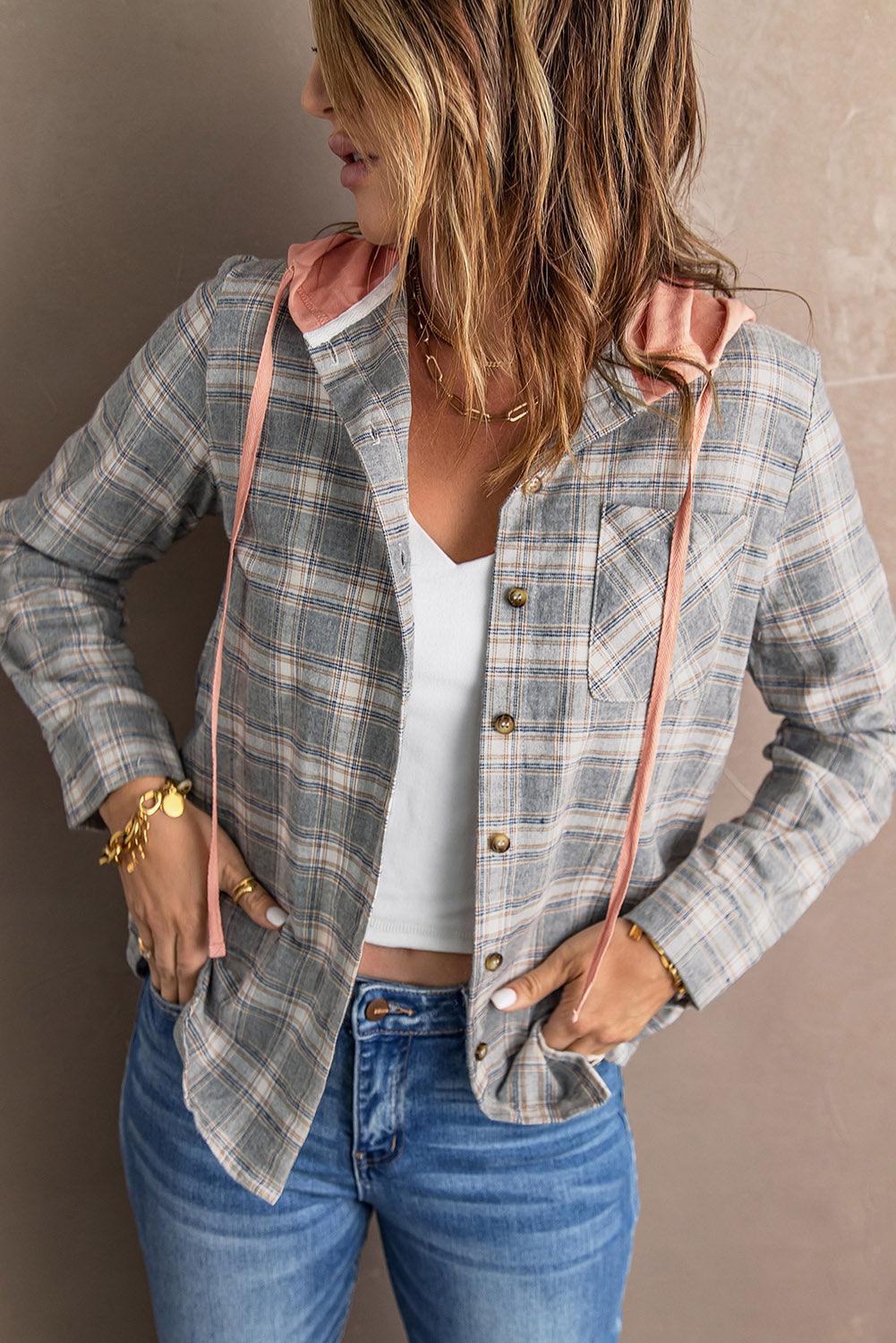 Chill Plaid Drawstring Hooded Shacket - MXSTUDIO.COM