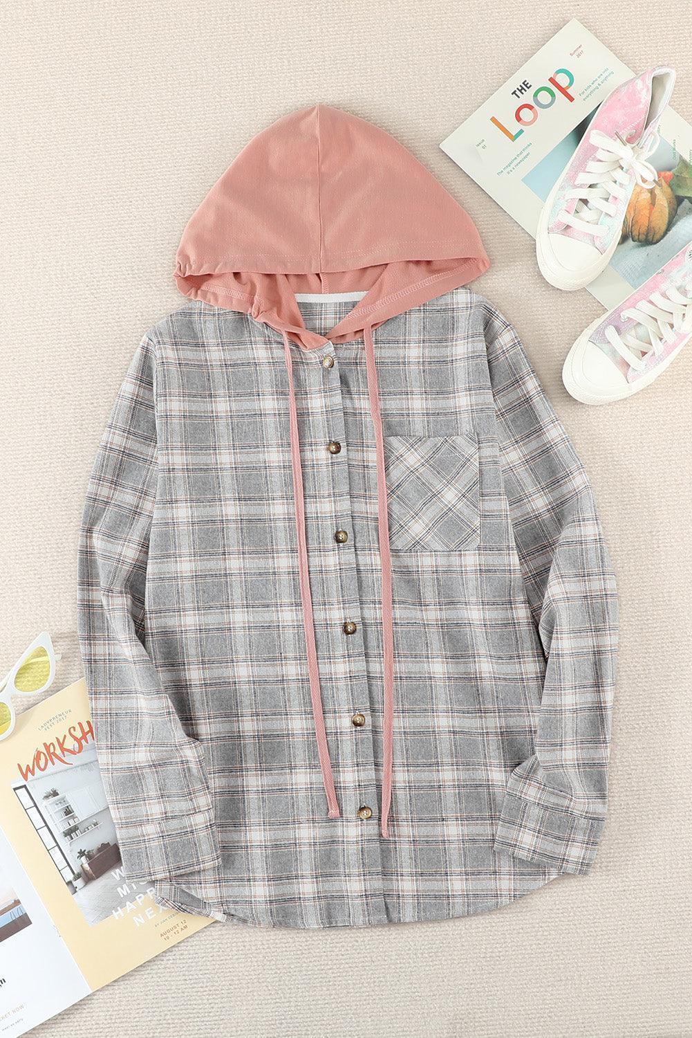 Chill Plaid Drawstring Hooded Shacket - MXSTUDIO.COM