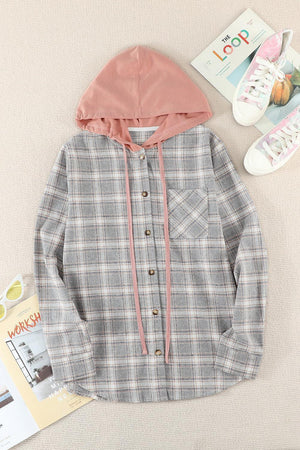 Chill Plaid Drawstring Hooded Shacket - MXSTUDIO.COM