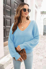 Chilly Chic Ribbed Knit V Neck Pullover Sweater - MXSTUDIO.COM
