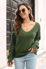 Chilly Chic Ribbed Knit V Neck Pullover Sweater - MXSTUDIO.COM