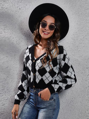 Chilly Day Fun Button Down Argyle Cardigan-MXSTUDIO.COM