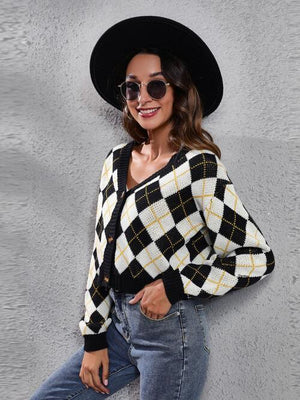 Chilly Day Fun Button Down Argyle Cardigan-MXSTUDIO.COM