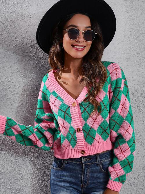 Chilly Day Fun Button Down Argyle Cardigan-MXSTUDIO.COM