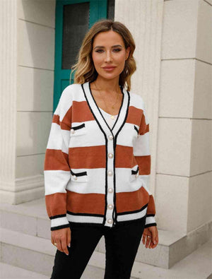 Chilly Day Staple Buttoned V-Neck Striped Cardigan - MXSTUDIO.COM