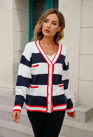 Chilly Day Staple Buttoned V-Neck Striped Cardigan - MXSTUDIO.COM