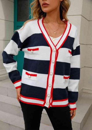 Chilly Day Staple Buttoned V-Neck Striped Cardigan - MXSTUDIO.COM