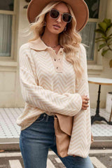 Chilly Stroll Quarter Buttoned Chevron Sweater - MXSTUDIO.COM