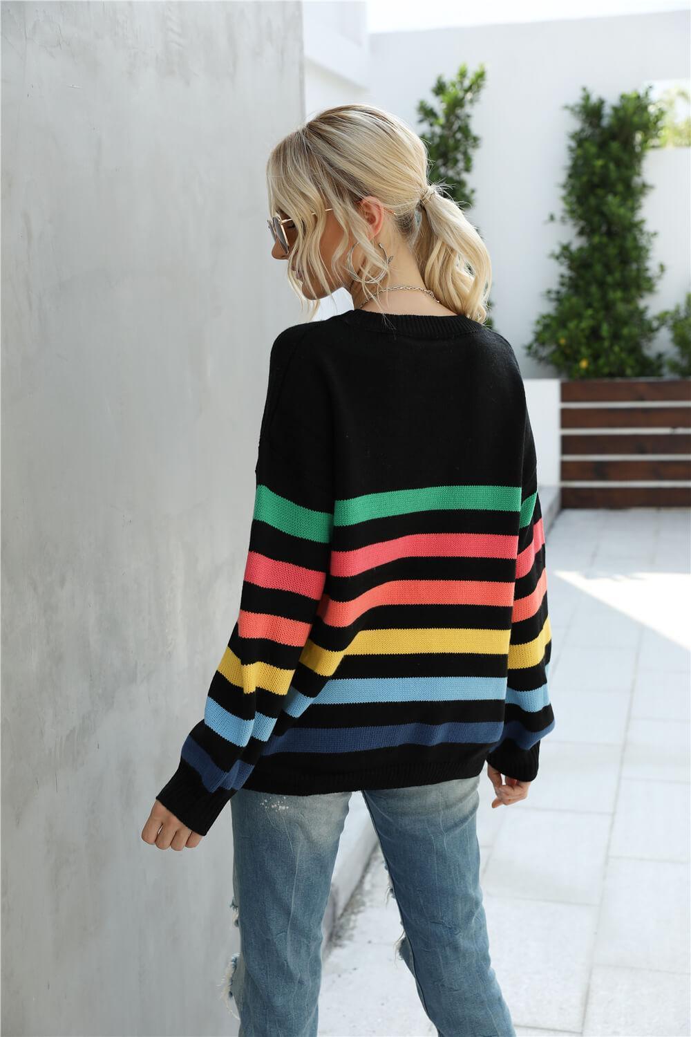 Chilly Stroll Ribbed Rainbow Striped Sweater - MXSTUDIO.COM