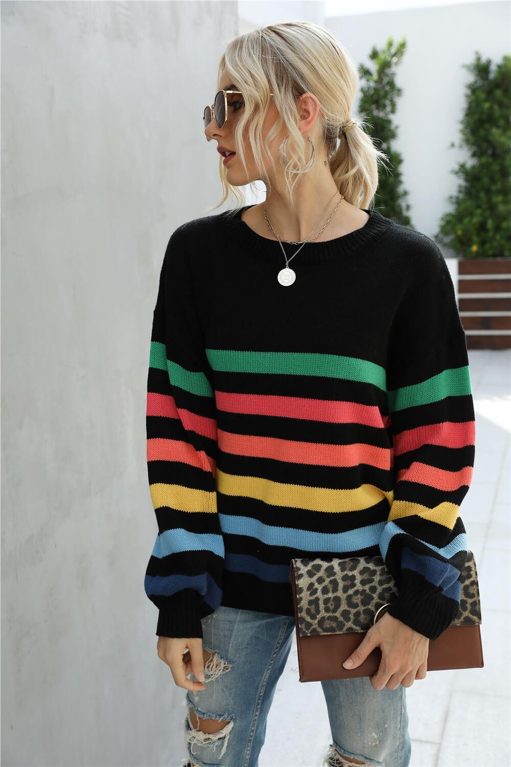 Chilly Stroll Ribbed Rainbow Striped Sweater - MXSTUDIO.COM