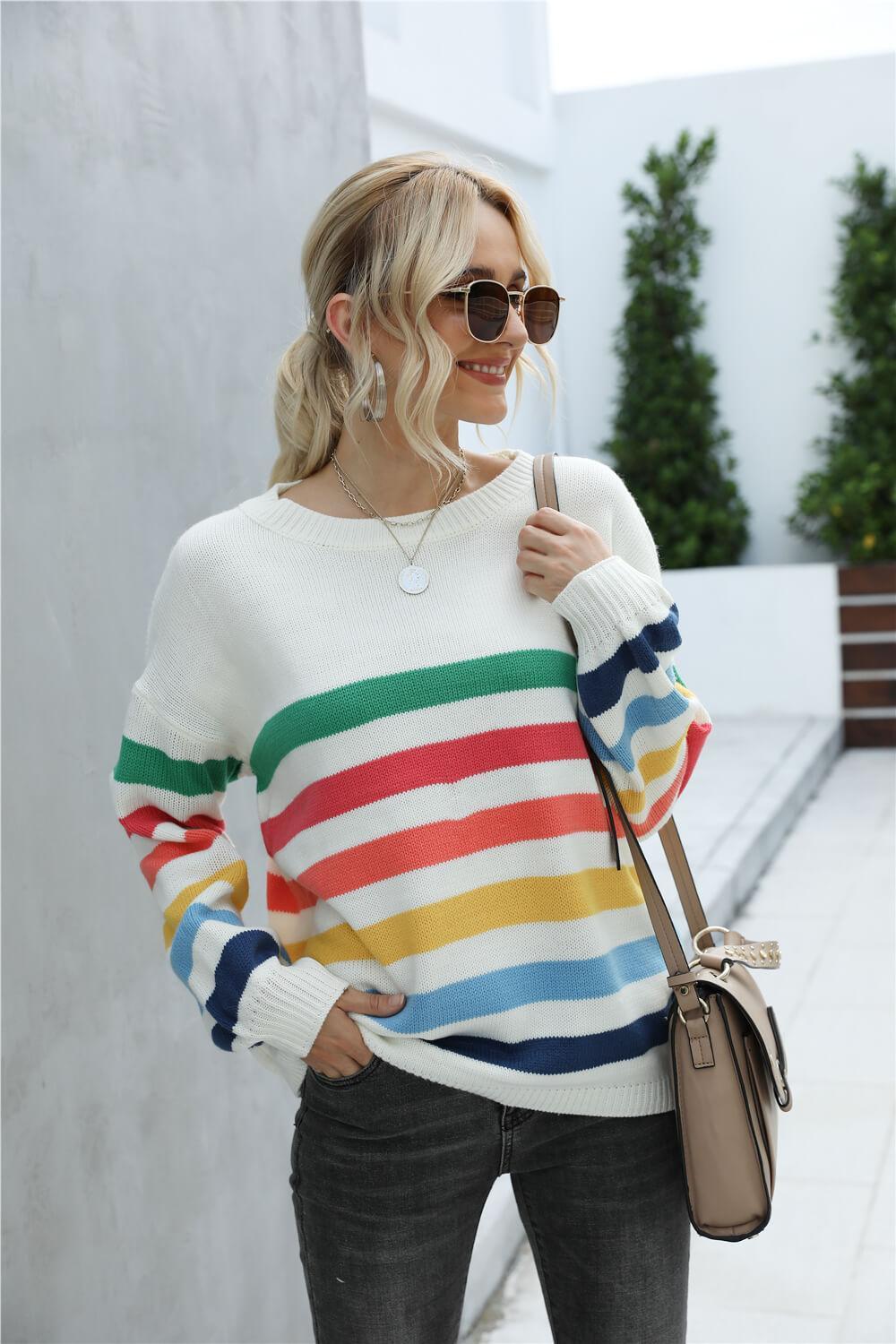 Chilly Stroll Ribbed Rainbow Striped Sweater - MXSTUDIO.COM