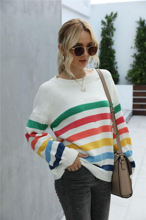 Chilly Stroll Ribbed Rainbow Striped Sweater - MXSTUDIO.COM