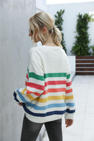 Chilly Stroll Ribbed Rainbow Striped Sweater - MXSTUDIO.COM