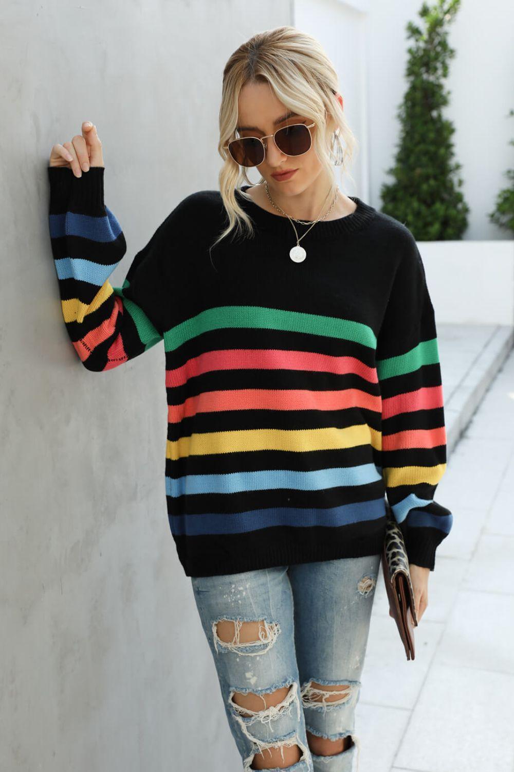 Chilly Stroll Ribbed Rainbow Striped Sweater - MXSTUDIO.COM