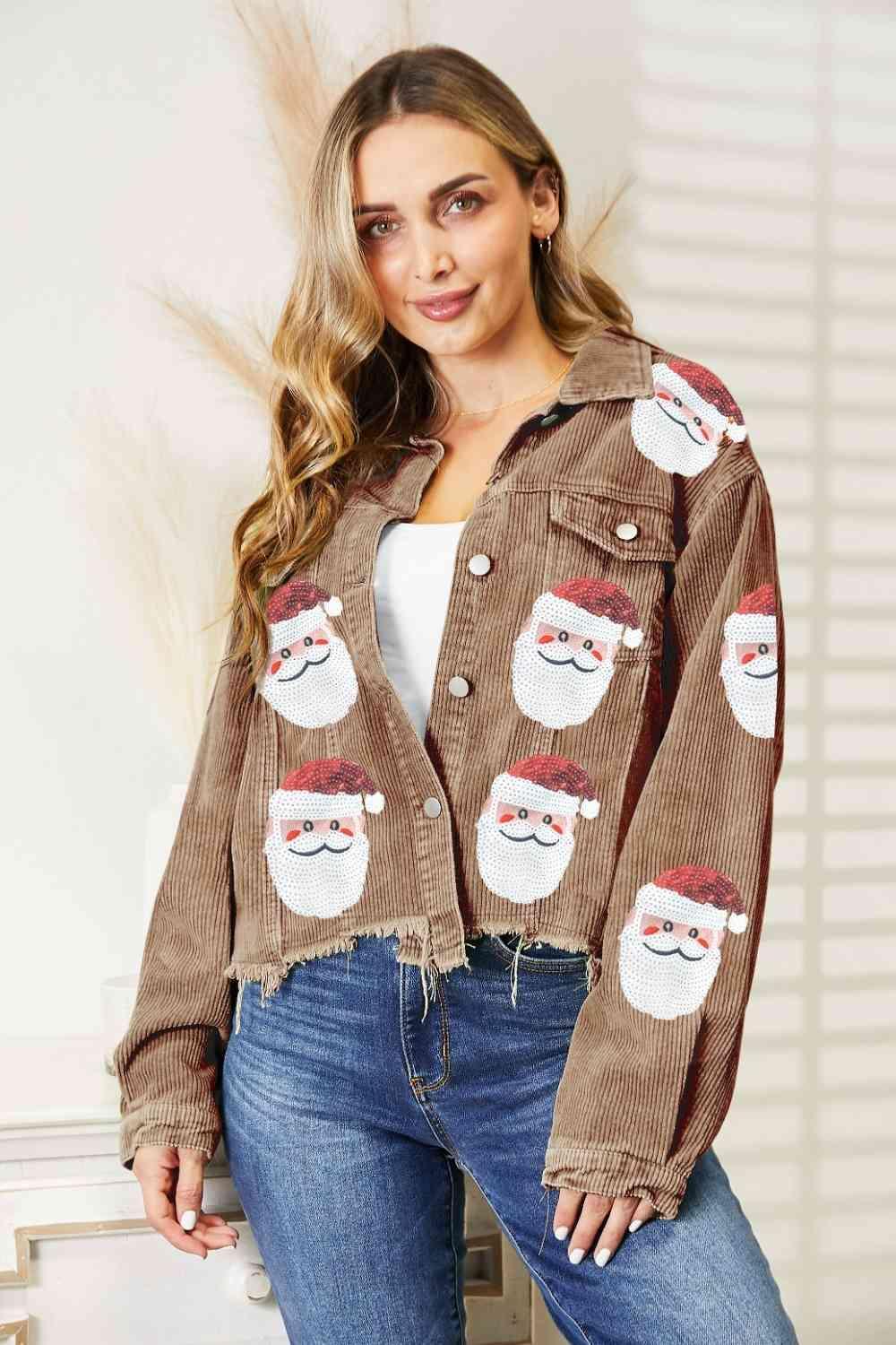 Christmas Feels Raw Hem Sequin Santa Jacket-MXSTUDIO.COM