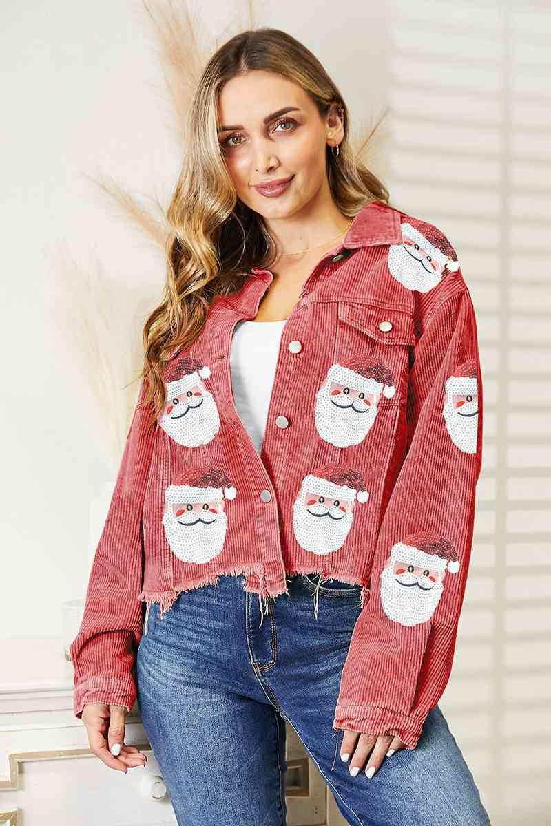 Christmas Feels Raw Hem Sequin Santa Jacket-MXSTUDIO.COM