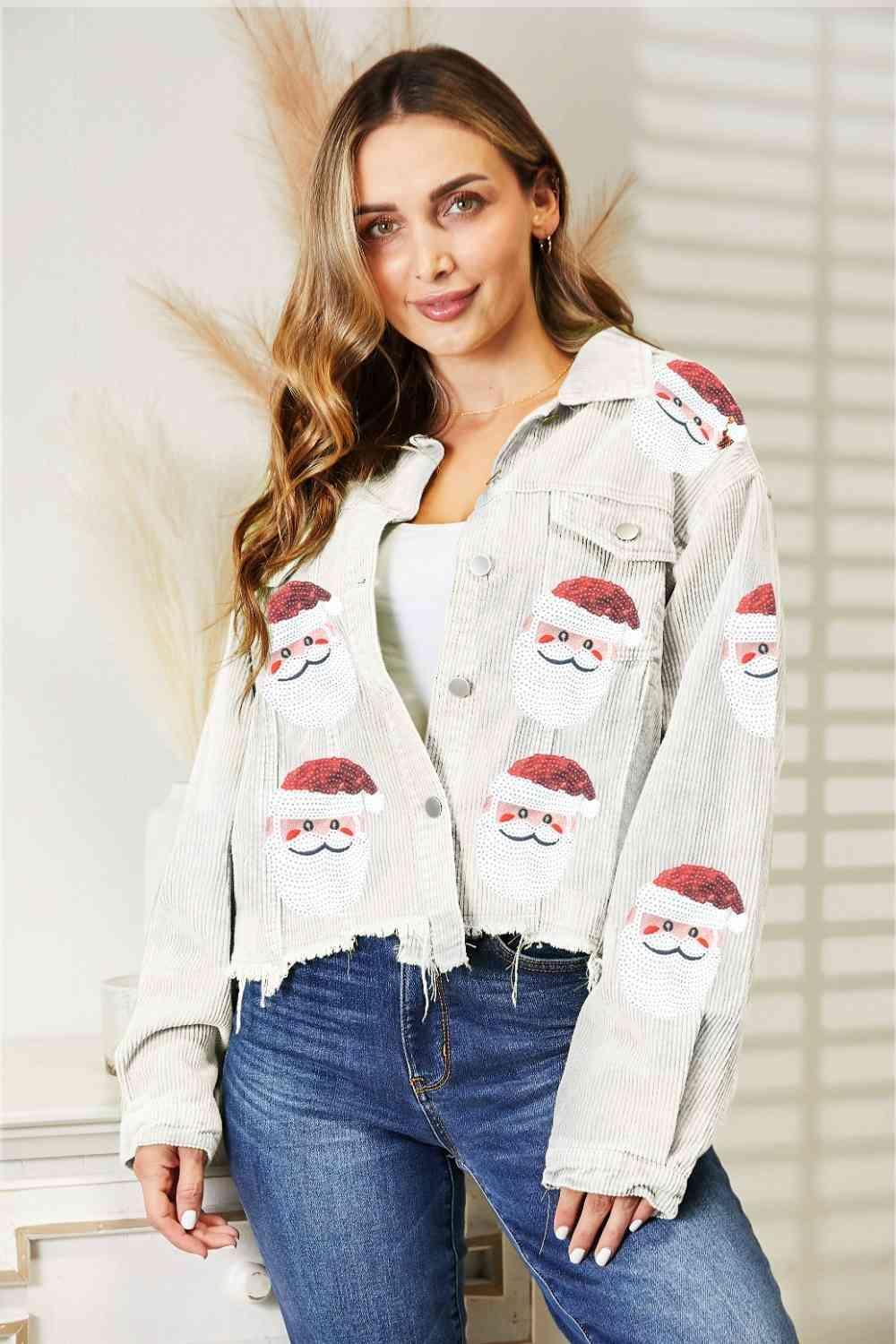Christmas Feels Raw Hem Sequin Santa Jacket-MXSTUDIO.COM