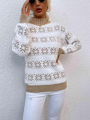 Christmas Snug Mock Neck Snowflake Pattern Sweater-MXSTUDIO.COM