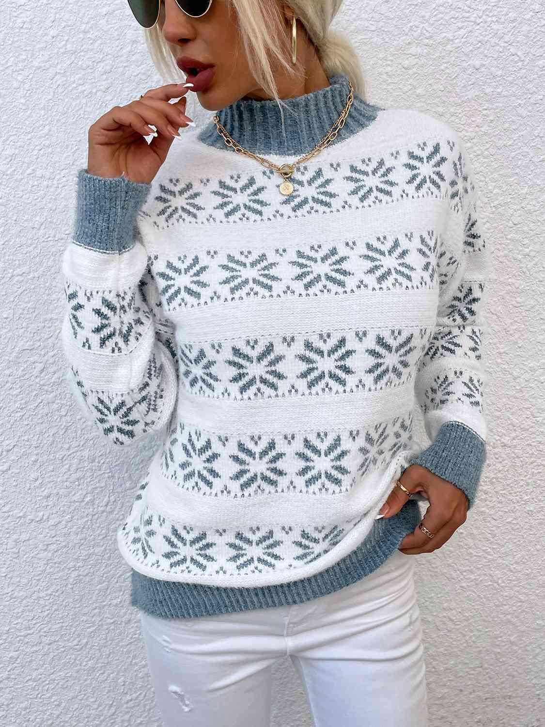 Christmas Snug Mock Neck Snowflake Pattern Sweater-MXSTUDIO.COM