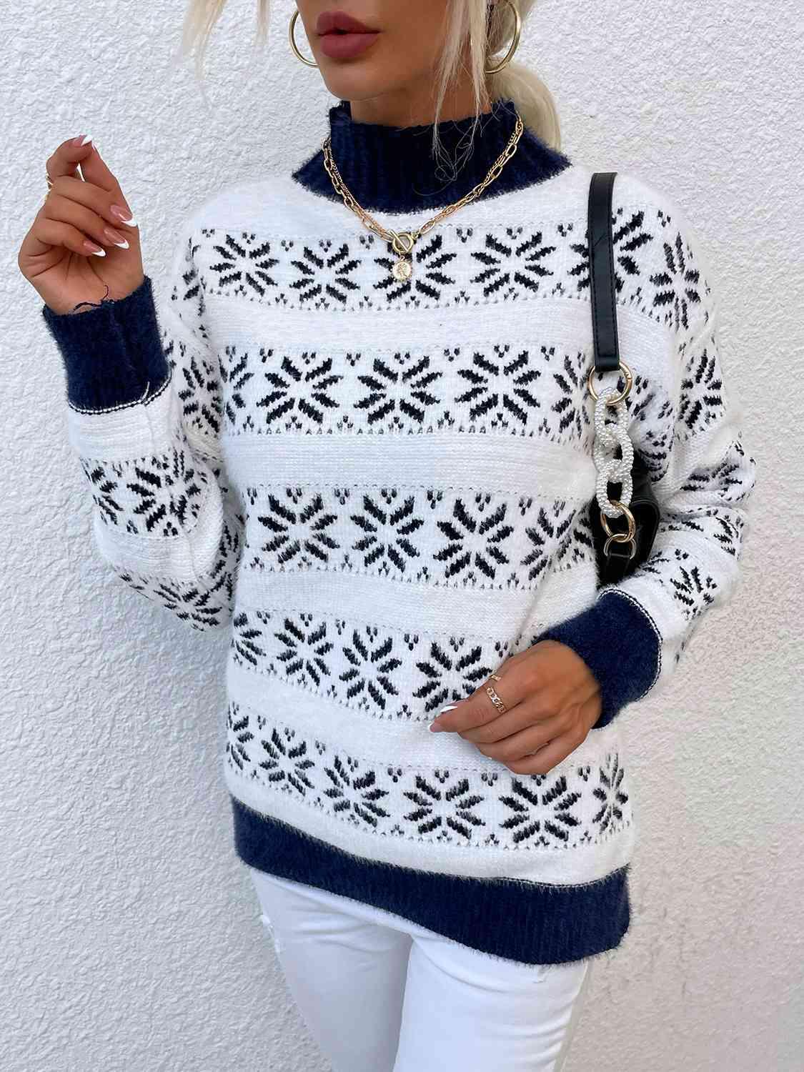 Christmas Snug Mock Neck Snowflake Pattern Sweater-MXSTUDIO.COM