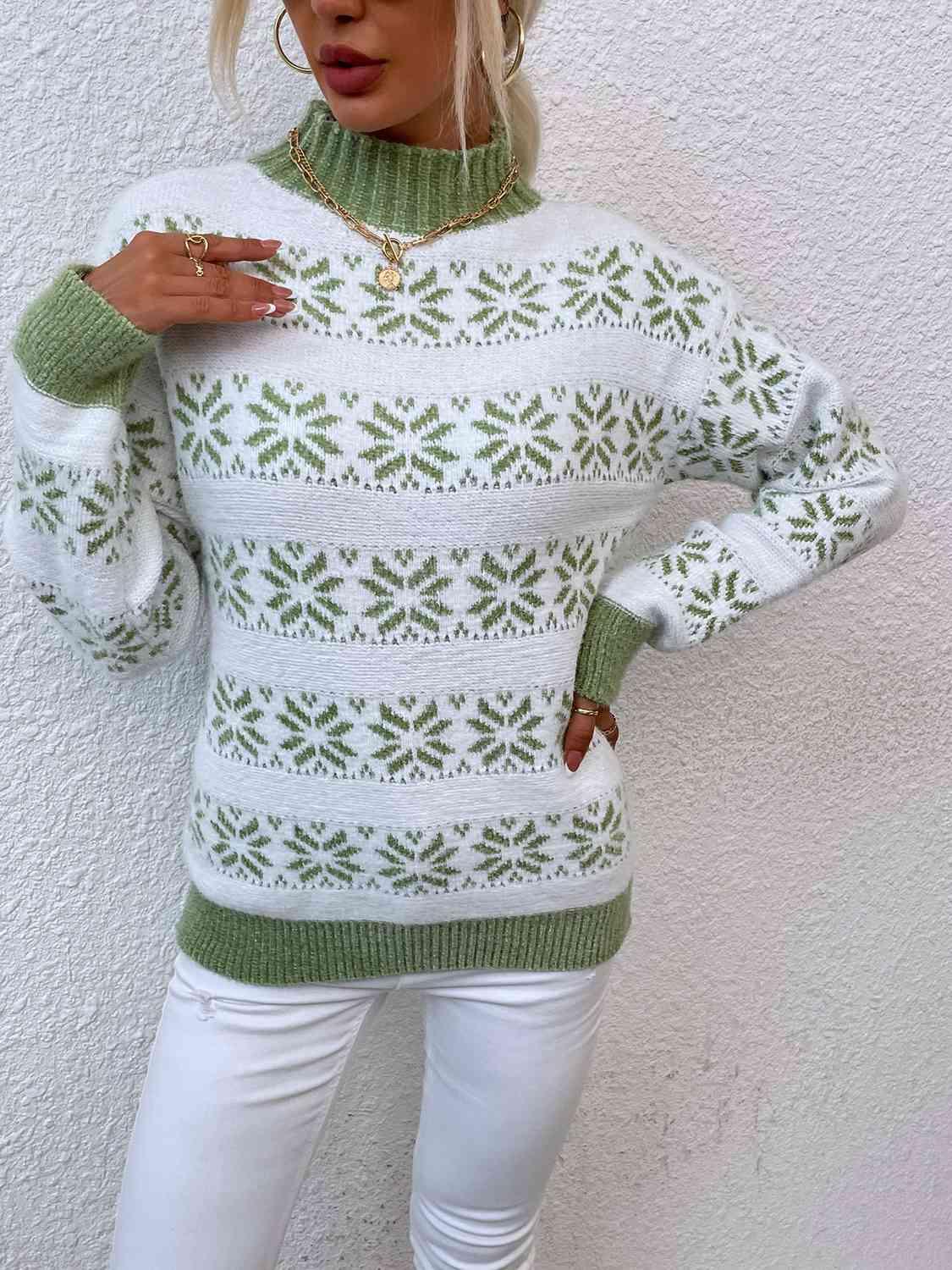 Christmas Snug Mock Neck Snowflake Pattern Sweater-MXSTUDIO.COM