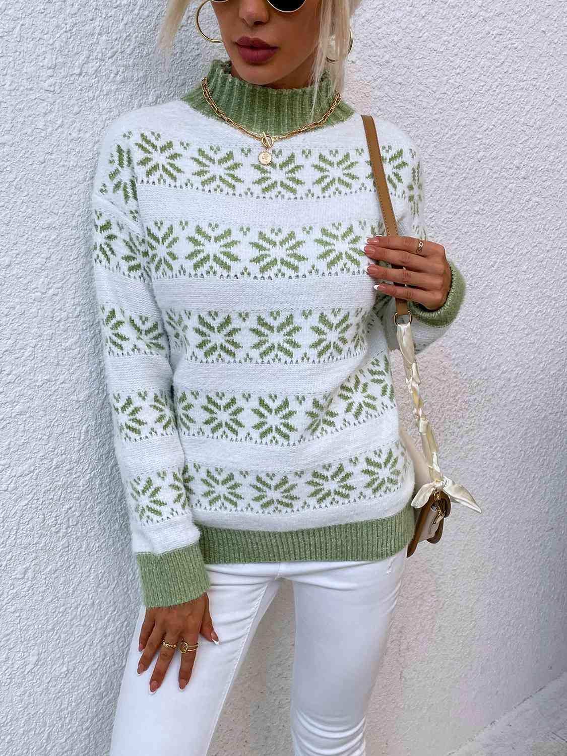 Christmas Snug Mock Neck Snowflake Pattern Sweater-MXSTUDIO.COM