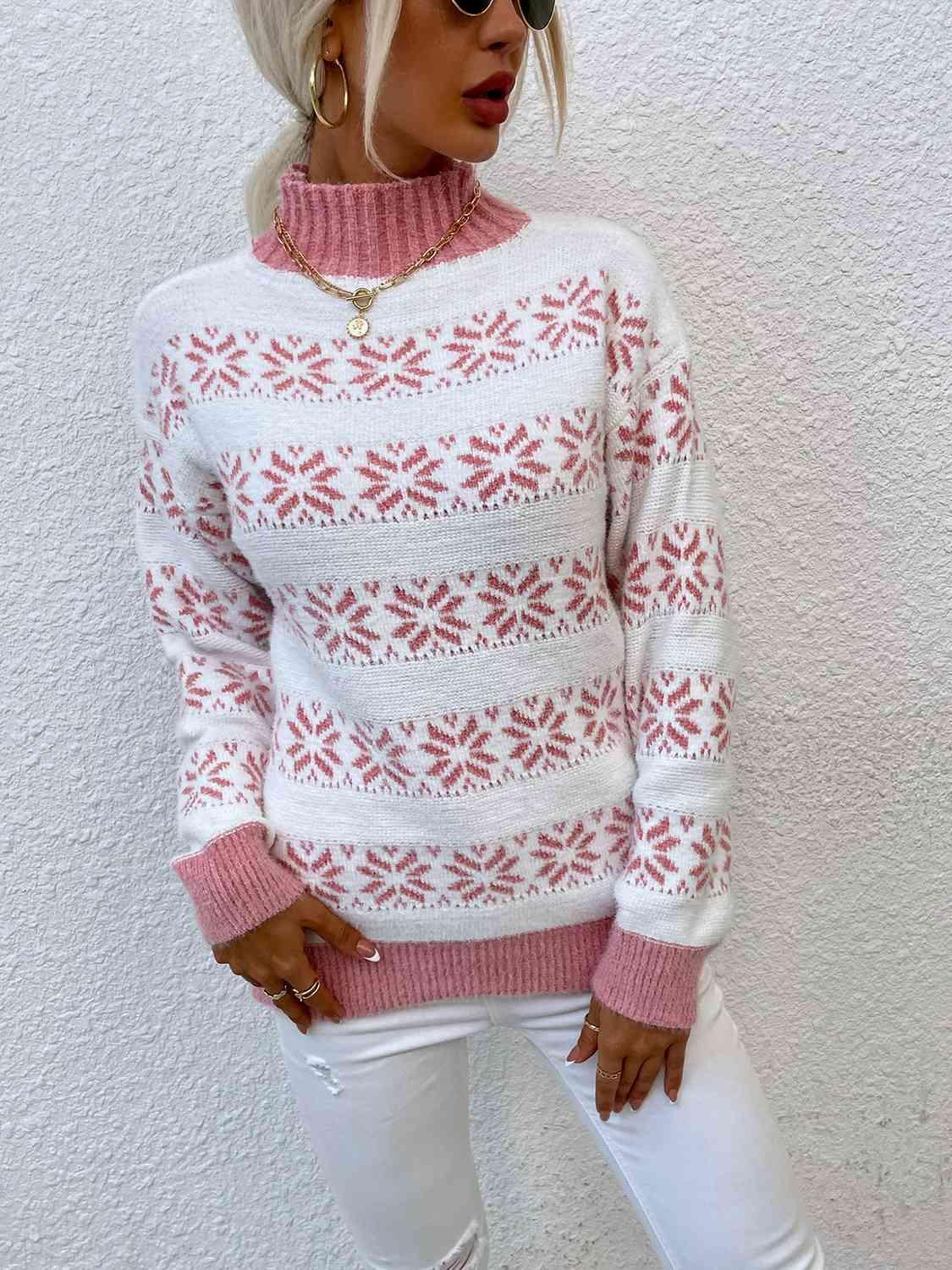 Christmas Snug Mock Neck Snowflake Pattern Sweater-MXSTUDIO.COM