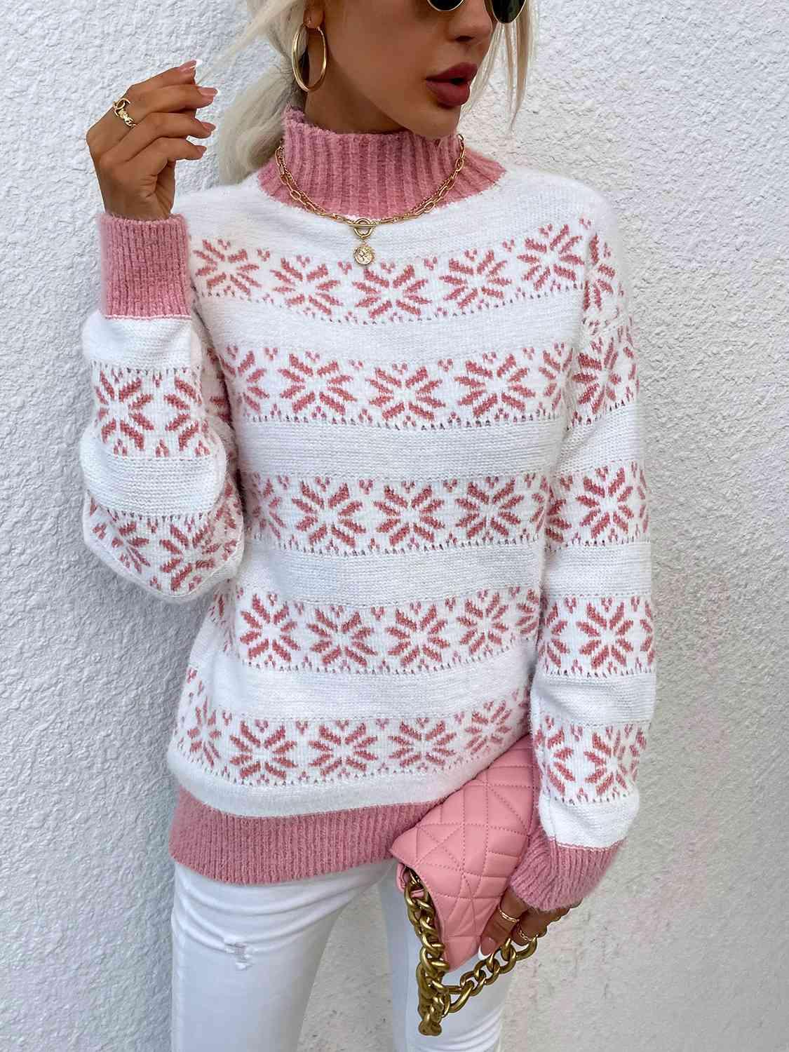 Christmas Snug Mock Neck Snowflake Pattern Sweater-MXSTUDIO.COM