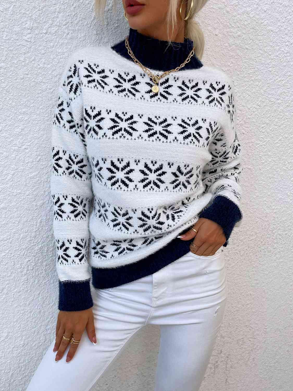 Christmas Snug Mock Neck Snowflake Pattern Sweater-MXSTUDIO.COM