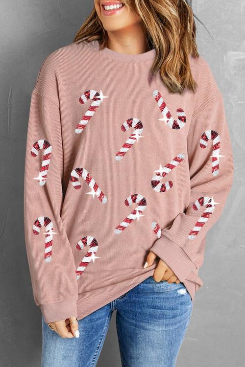 Christmas Treat Sequin Candy Cane Sweatshirt-MXSTUDIO.COM