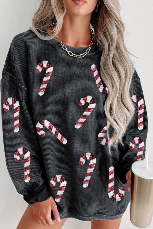 Christmas Treat Sequin Candy Cane Sweatshirt-MXSTUDIO.COM