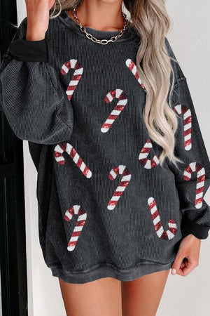 Christmas Treat Sequin Candy Cane Sweatshirt-MXSTUDIO.COM