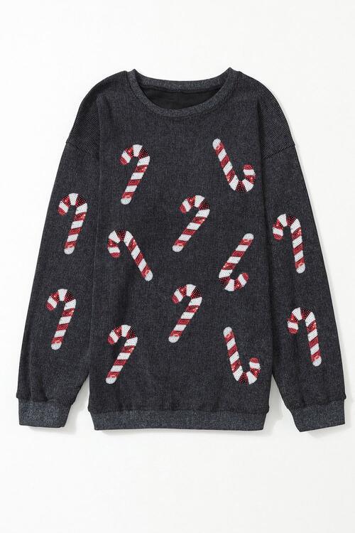 Christmas Treat Sequin Candy Cane Sweatshirt-MXSTUDIO.COM